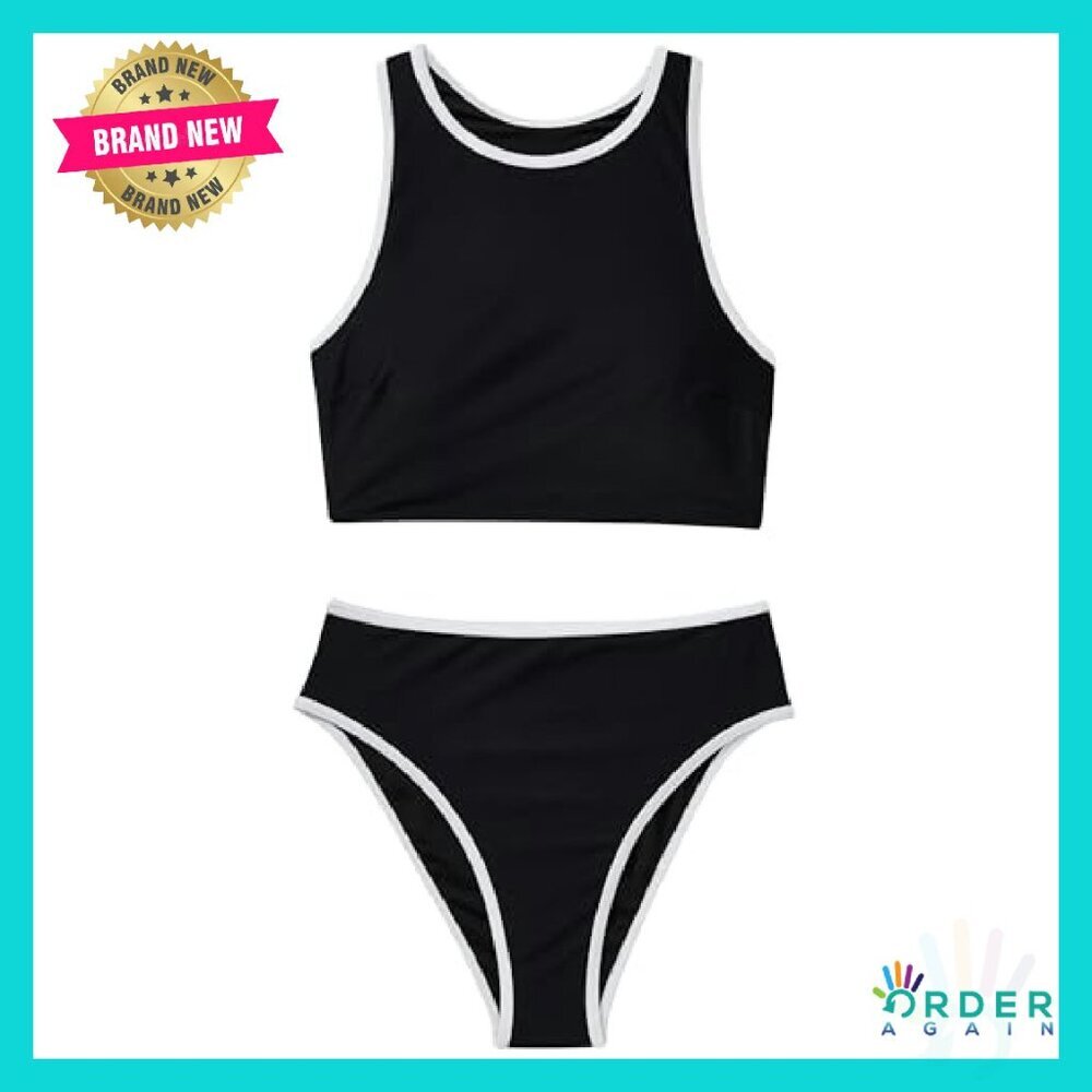 High Waisted Retro Sporty Bikini Set Adjustable Straps Removable Padding - Picture 7 of 8